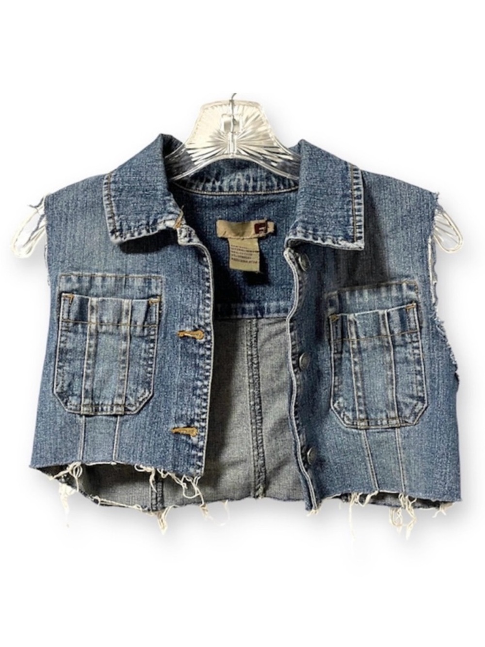 Vintage 90s Forever 21 Cropped Denim Vest Frayed Hem Womens Sz Small Punk Grunge